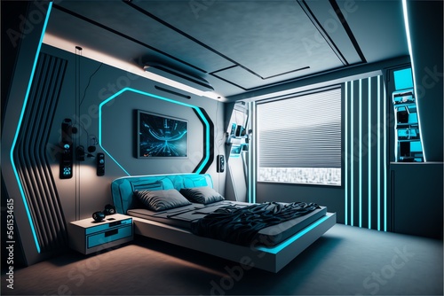 futuristic cyberpunk themed bedroom, abstract illustration, ai-generated image  © Cheung