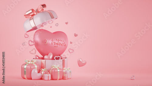 Open pink gift box with balloon hearts on pink background. Happy valentine's, Mother's Day, Wedding, Birthday and Anniversary concept. 3D render.
