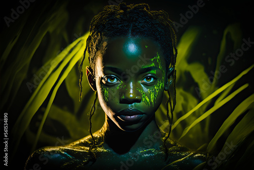 African or jamaican aboriginal black tribe girl wearing face painting in the green jungle night with copy space, generative AI