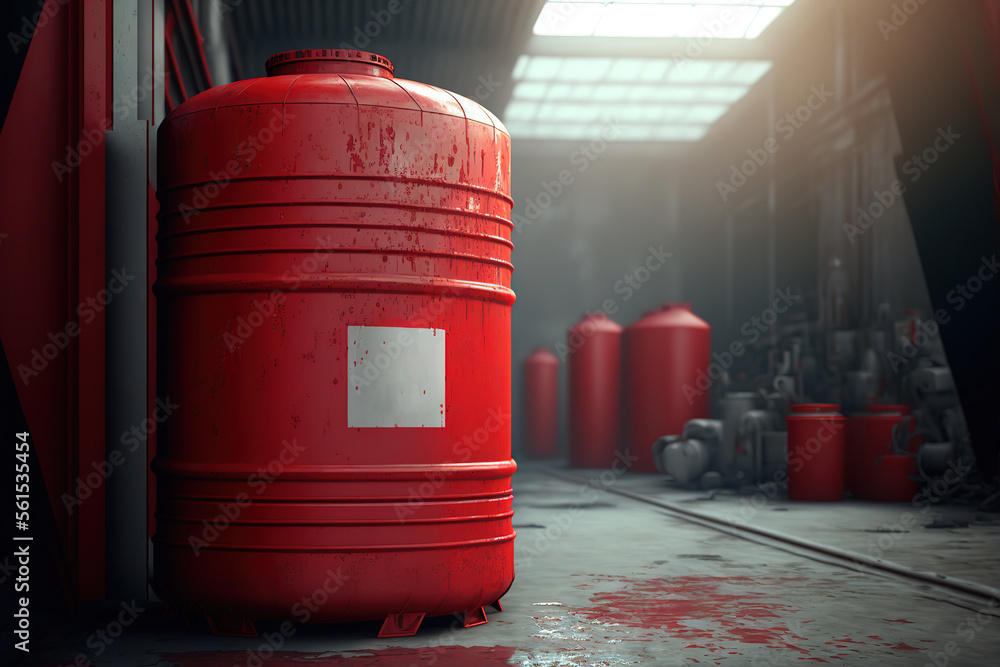 A red barrel which is contained hazardous chemical, acid or flammable material that stored at industrial factory place. Generative Ai image A red barrel which is contained hazardous chemical, acid or flammable material that stored at industrial factory place. Generative Ai image
