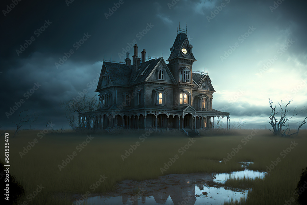 An ancient mansion which is abandoned in the ruined field with pale sky as background, horror scene building. Generative Ai image.