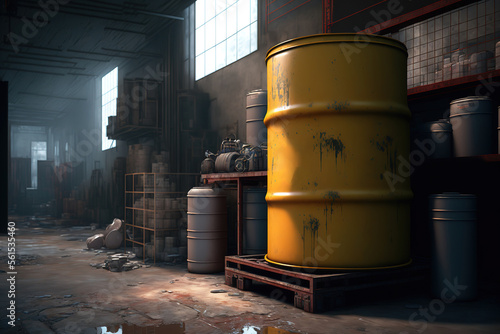 Yellow metal barrel which is contained hazardous chemical, acid or flammable material that stored at industrial storage room. Generative Ai image