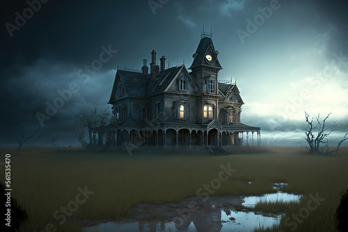 An ancient mansion which is abandoned in the ruined field with pale sky as background, horror scene building. Generative Ai image. © Nattawit