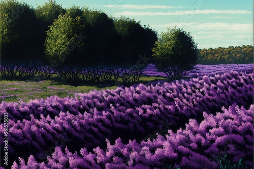  a painting of a field of purple flowers with trees in the background and a blue sky with clouds in the background  with a green field of purple flowers in the foreground  and.