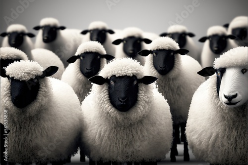  a group of sheep standing next to each other in a field of sheep with black faces and white wool on their backs and sides, all looking in opposite directions, with a black and white.