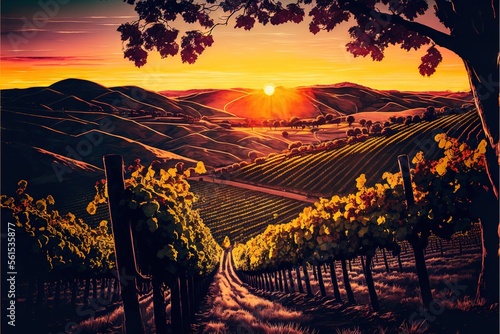  a painting of a vineyard at sunset with the sun setting in the distance and the sun shining brightly over the hills and hills behind it, and a path leading to the vineyard with yellow flowers.