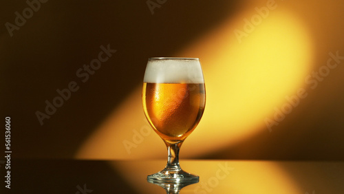 Glass of light beer on shiny dark golden background.