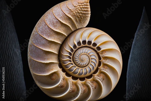  a close up of a shell on a black background with a black background behind it and a black background behind it with a white shell and a brown spiral design on the bottom of the.