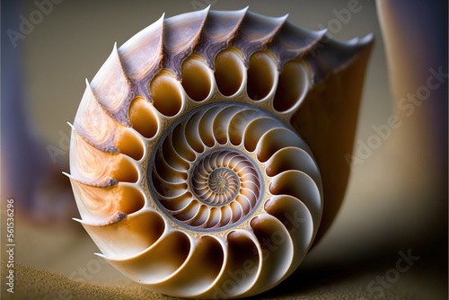  a close up of a very pretty shell on a table top with a blurry background of the shell and the bottom part of the shell showing the spirals of the shell, and the shell.