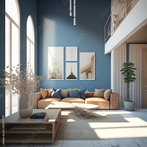 A modern living room, in a minimalist millenium crib, high ceiling and filled with warm blue and khaki colour as the wall blend in with the design of the furniture. 