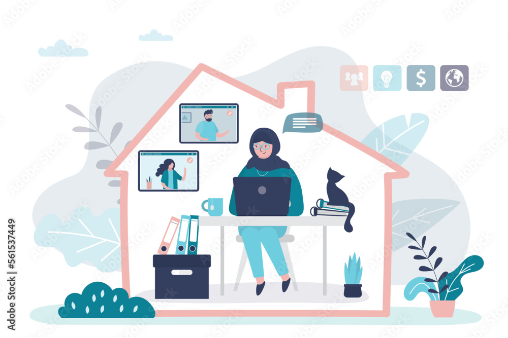 Arabic businesswoman or freelancer at home office. Distant work, muslim female employee use laptop. House silhouette, woman entrepreneur work remotely, self-employment.