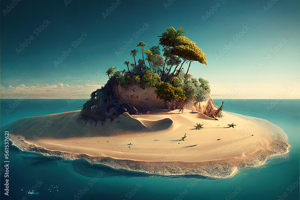 An isolated desert island surrounded by vast ocean waters, offering a