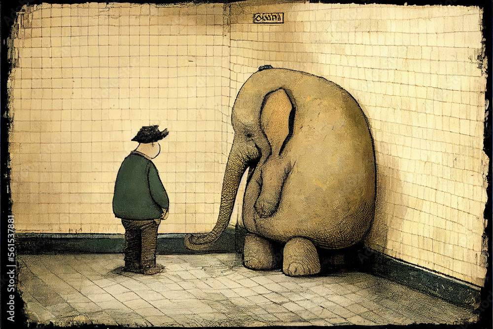 There is an elephant in the room concept. Cartoon image of an