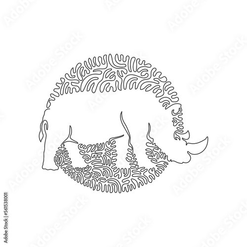 Continuous one curve line drawing of huge animal on the land, abstract art in circle. Single line editable stroke vector illustration of two horns rhinoceros for logo, wall decor, poster print decor