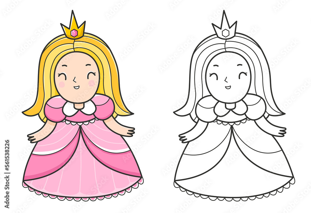 Princess coloring book with an example of coloring for children. Coloring page with a girl in a dress and with a crown. Monochrome and colour version. hildren's illustration.