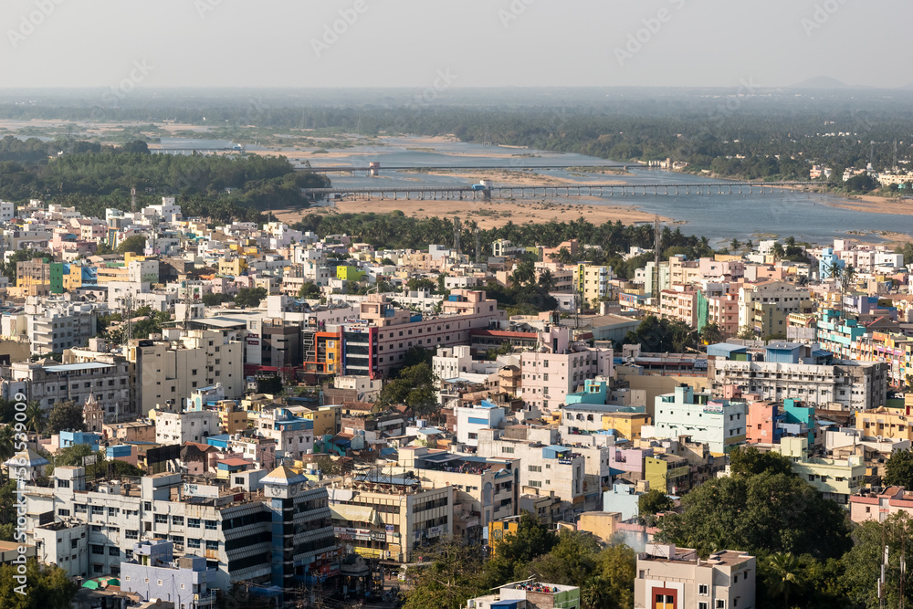An aerial cityscape of the town of Trichy in Tamil Nadu on the banks of the Cauvery river.