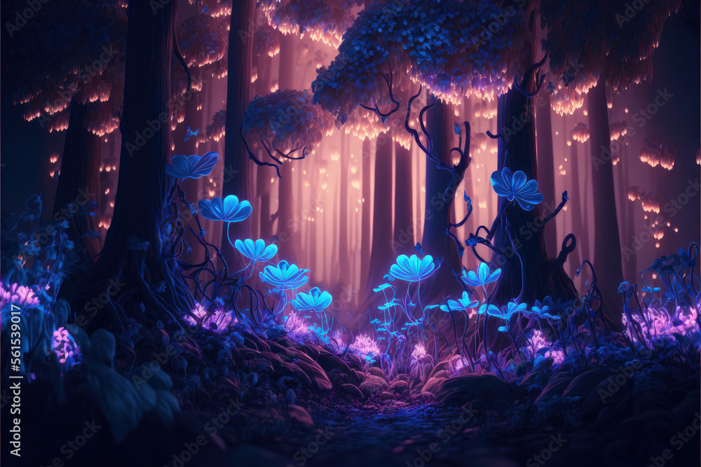Night magical fantasy forest. Forest landscape, neon, magical lights in ...