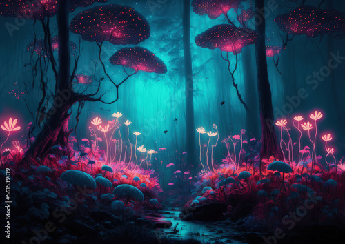 Night magical fantasy forest. Forest landscape, neon, magical lights in the forest. Fairy-tale atmosphere, fog in the forest, silhouettes of trees. Generative ai illustration.