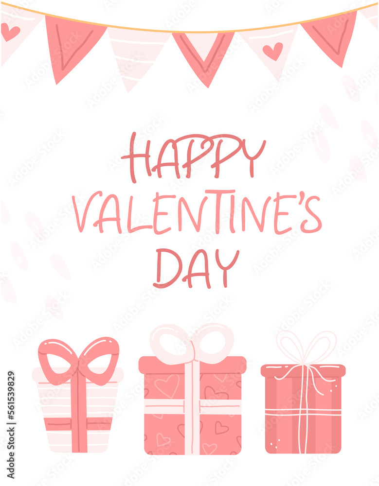 Design concept of a greeting card for Valentine's day. Pink gifts with a garland of flags and the inscription happy valentine's day. vertical cartoon illustration.