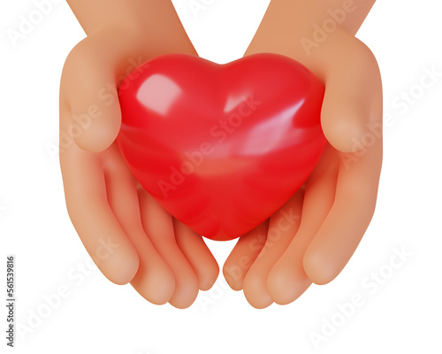 Cartoon Hands holding a red heart isolated on white backgroun with clipping path or valentines day decoration  3D rendering illustration
