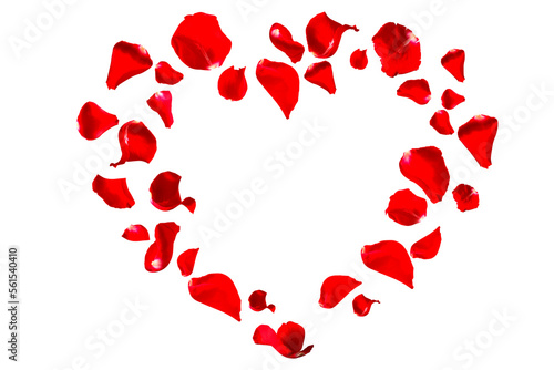 Red rose petals fly into heart shape for love greetings. Background with isolated rose petals. png/d.