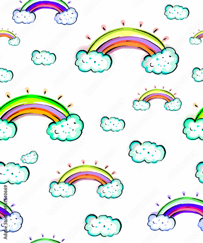 Festive children's pattern from the happy birthday set. Cat with a heart, pink unicorn, cake, rainbow, gifts. Printing on fabric, T-shirts and fashion accessories