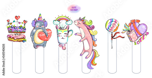 School bookmarks from the happy birthday set. Cat with a heart, pink unicorn, cake, rainbow, gifts. Hobbies for children and adults.