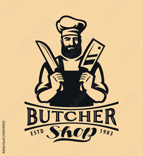 Chef or butcher with meat knives in hands. Butcher shop logo emblem for design. Farm food badge. Vector illustration