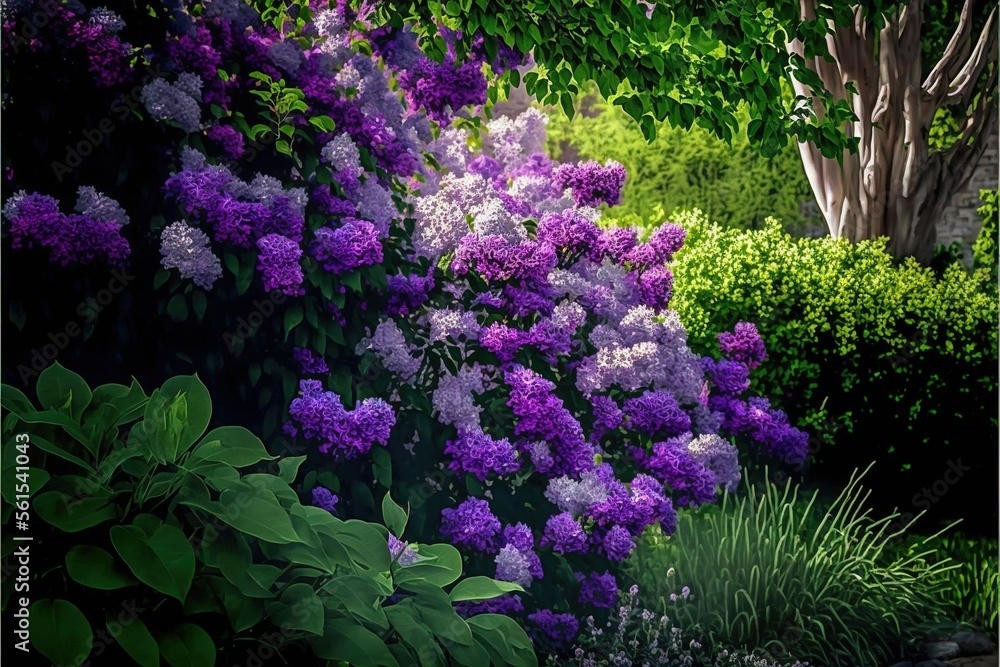 Obraz premium a painting of a garden with purple flowers and green bushes and trees in the background, with a bench in the foreground and a stone path in the foreground, and a stone. Generative AI