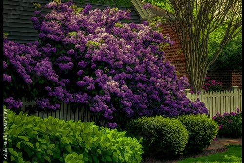  a painting of a purple bush in front of a house with a white picket fence and a white picket fence with a white picket fence and a white picket fence and a white picket fence.