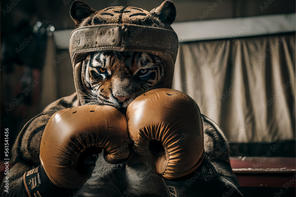 tiger boxer in boxing gloves and helmet, realistic illustration of a