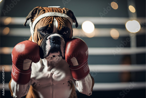 dog boxer in boxing gloves in the ring, realistic illustration of a dog sportsman, , boxing match, ai generated art