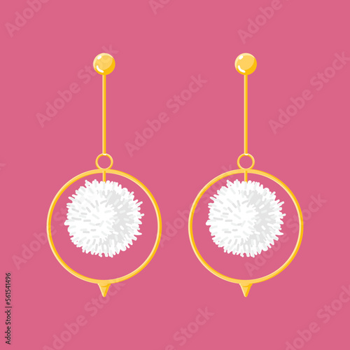 Long gold dangle earrings isolated on pink background. Modern Trendy Expensive Women Accessories jewelry Vector illustration