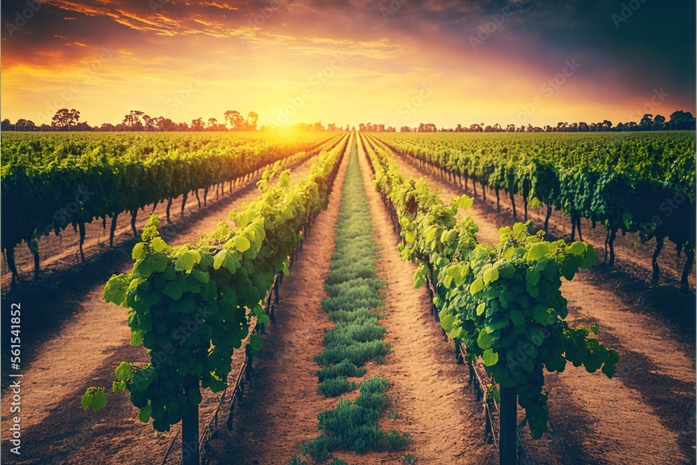 a vineyard with a sunset in the background and a field of green vines in the foreground with a few trees in the foreground and a few bushes in the foreground with a.