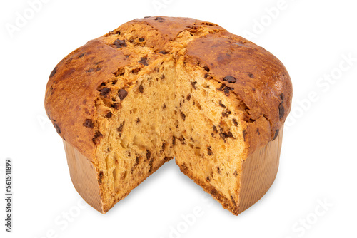 Panettone cut isolated on white with clipping path included. Typical sweet Italian cake for the Christmas holidays