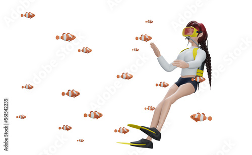 3d rendering. Scuba diver swimming backwards with the fishes.