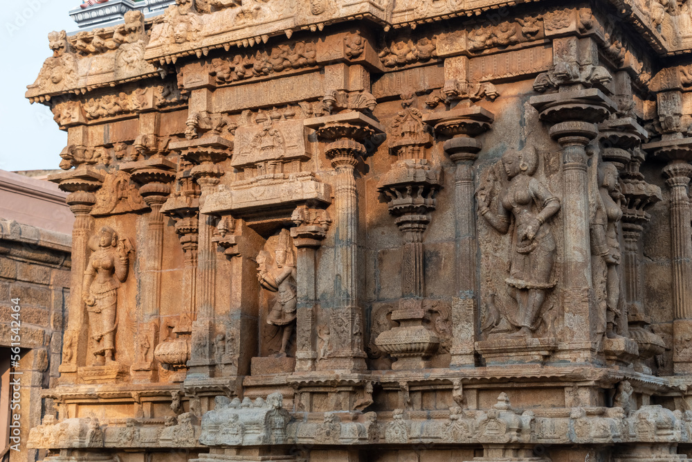 Ancient stone carvings of Hindu deities on the walls of the Sri Ranganathaswamy temple in Srirangam.