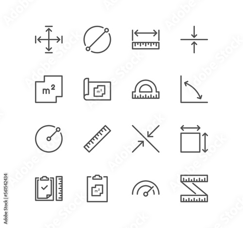 Set of measure related icons, radius, diameter, depth, axis, area and linear variety vectors.
