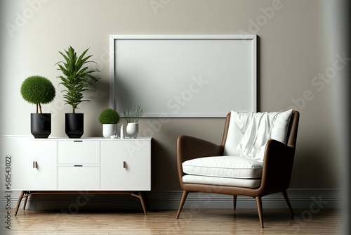 TV mockup in home interior with armchair and decor on cream color wall. Generative AI