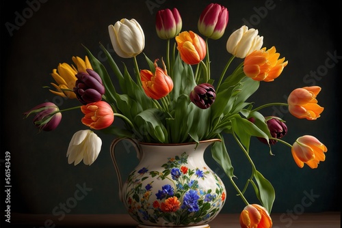  a vase filled with lots of colorful flowers on a table next to a vase with flowers in it and a few petals on the side of the vase with flowers in it, on a dark background. © Anna