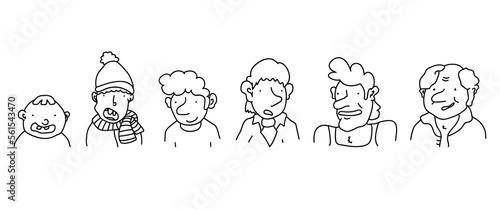 Set of cartoon hand drawn people. Man growing up stages - baby, toddler, child, teen, adult, middle-aged and senior. Doodle portraits of diverse caricature characters. Life cycle