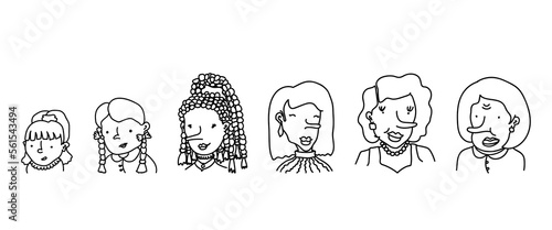 Set of cartoon hand drawn people. Woman growing up stages - baby, toddler, child, teen, adult, middle-aged and senior. Doodle portraits of diverse caricature characters. Life cycle