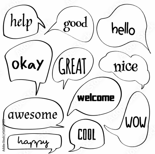 set hand drawn doodle speech bubbles of help, Okay, good, GREAT, hello, nice, WOW, welcome, awesome, happy, COOL. vector design illustration