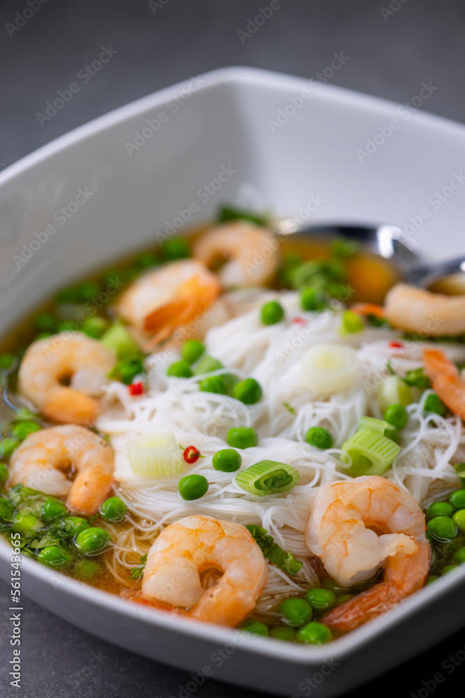 soup with shrimps, vegetables and rice nooodles soup with shrimps, vegetables and rice nooodles