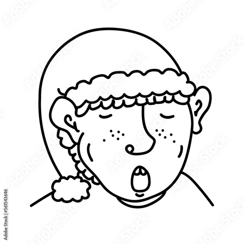 Hand drawn cartoon portrait of a sleeping boy in pajamas. Caricature avatar of a human with closed eyes and curly hair. Chubby person with freckles in sleepwear isolated on white background