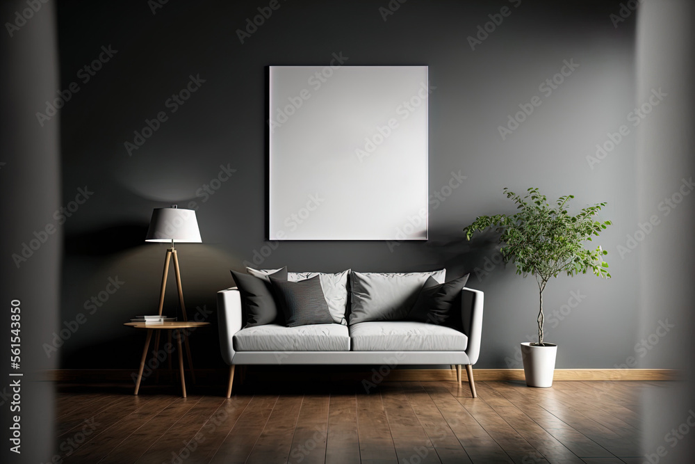 Fototapeta premium Front view on dark studio interior with empty white poster, sofa, dining table, grey wall, oak wooden hardwood floor. Concept of minimalist design. Mock up. Generative AI
