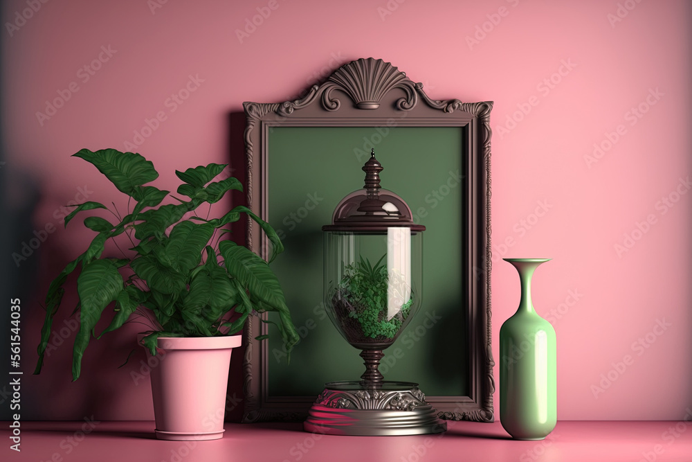 On a green table are a sandglass, a plant vase, and an empty picture frame. Pink wall background. Interior of a house. Generative AI