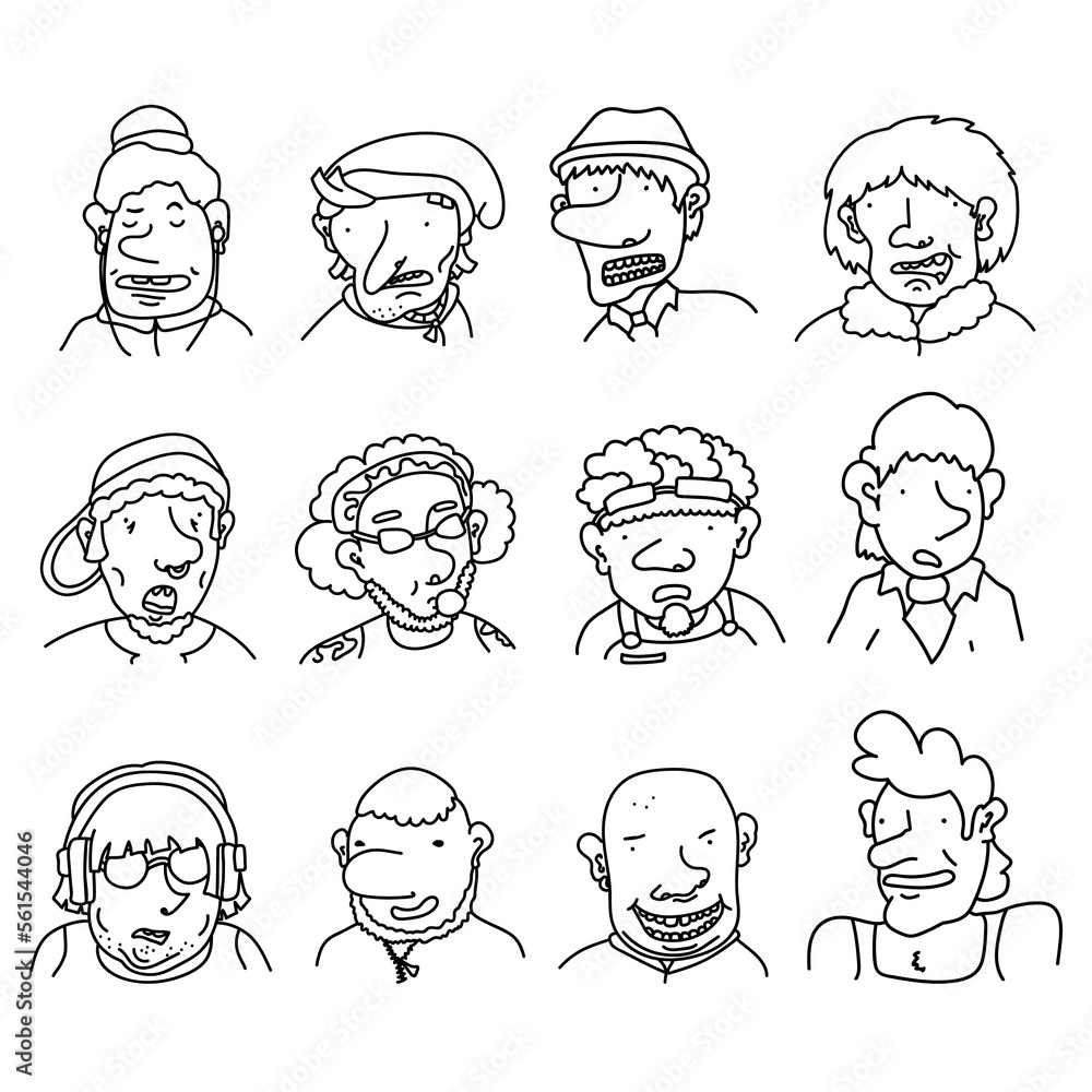 Collection of diverse hand drawn doodle people. Linear cartoon characters with different emotions. Set of men portraits, comic avatars, faces with various facial expression on white background Collection of diverse hand drawn doodle people. Linear cartoon characters with different emotions. Set of men portraits, comic avatars, faces with various facial expression on white background