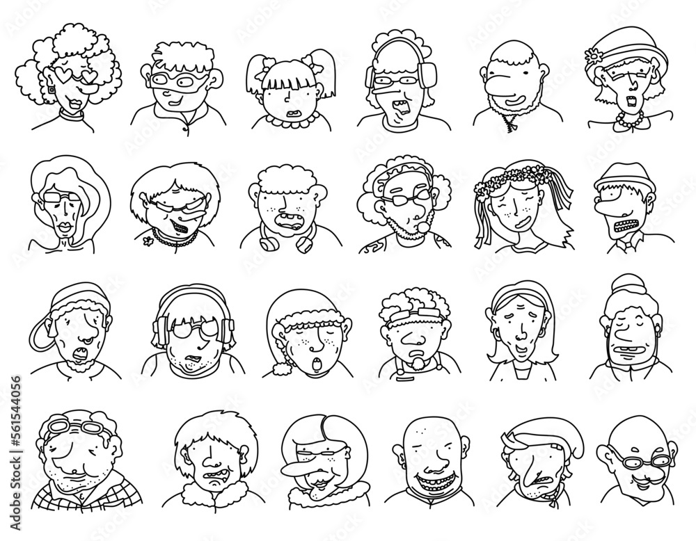 Collection of various hand drawn doodle people - children, teens, adults, seniors. Linear cartoon characters with different emotions. Set of human portraits, comic avatars, diverse faces