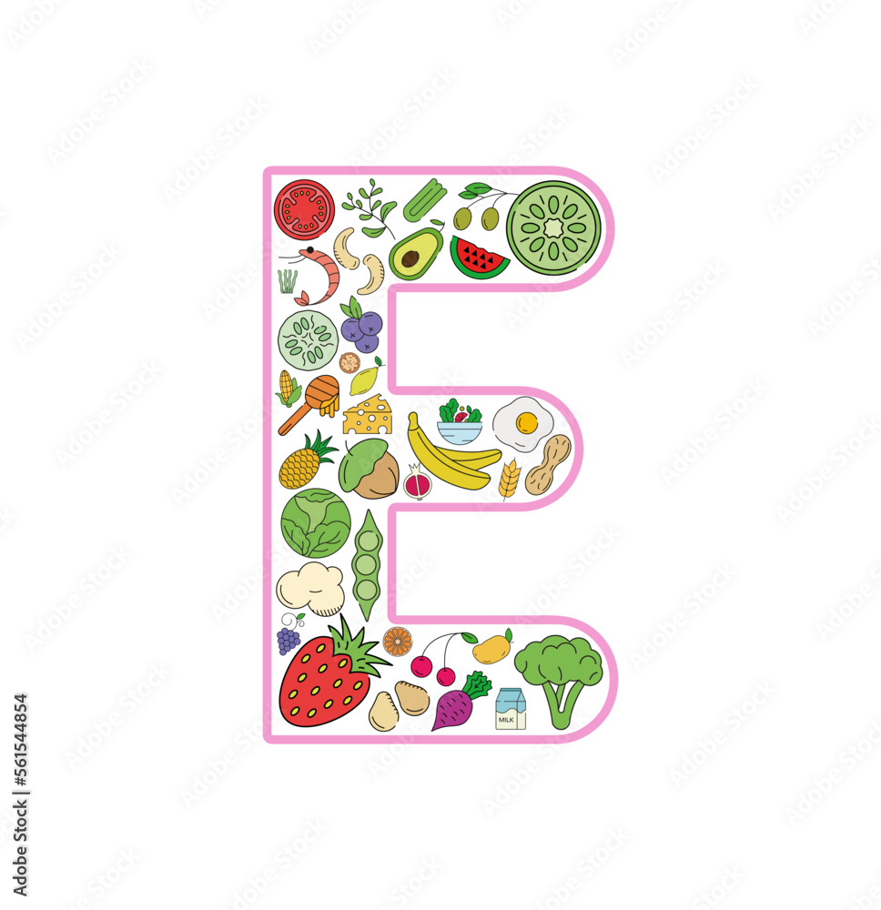 Food and drink collage icon set from letter E. Vector set of essential allergens and diet line icons. Editable food icon set.